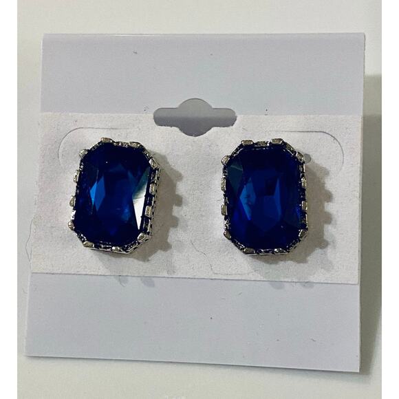Royal Blue Rhinestone Earrings in Silver Setting - Picture 2 of 2